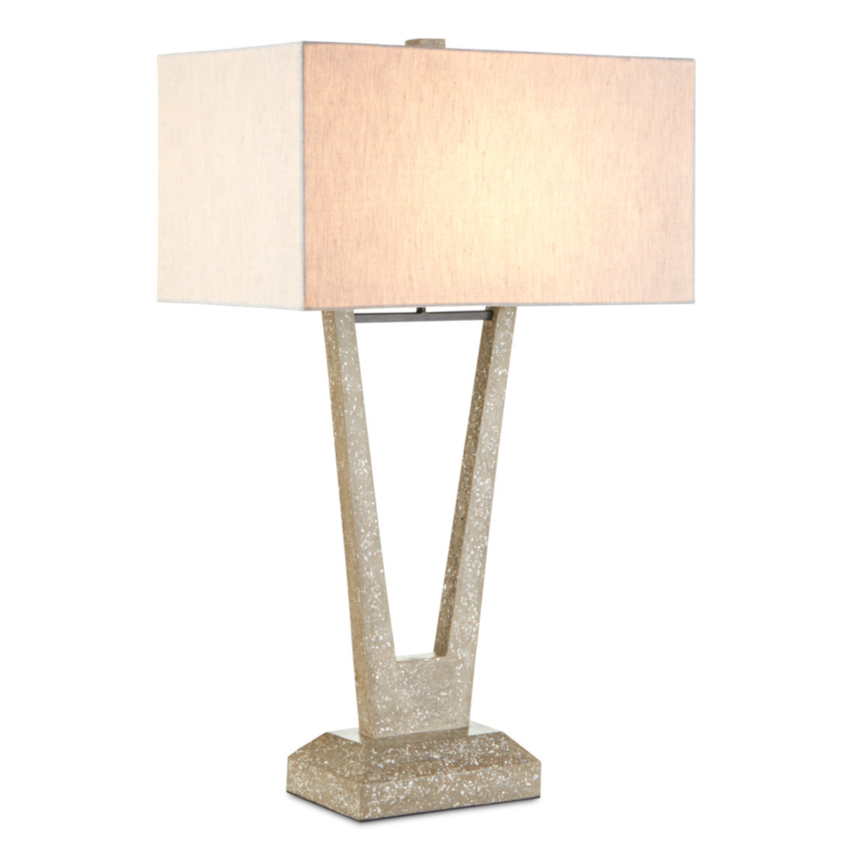 Elegant Tide Lamp with a concrete base embedded with crushed seashells and a rectangular fabric shade, available at Haven Design Center in St. Petersburg for modern coastal home decor.