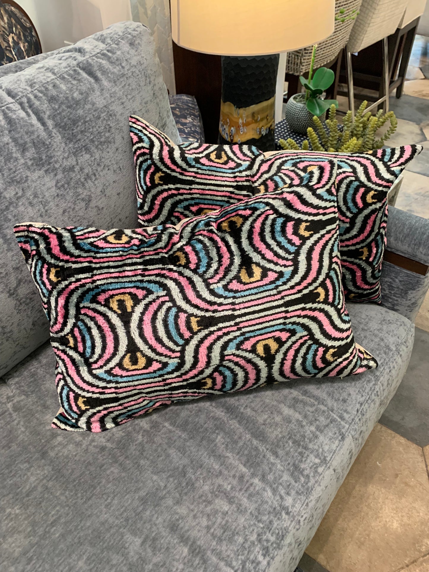 IKAT velvet/silk pillows - lumbar - pink, blue, black, grey