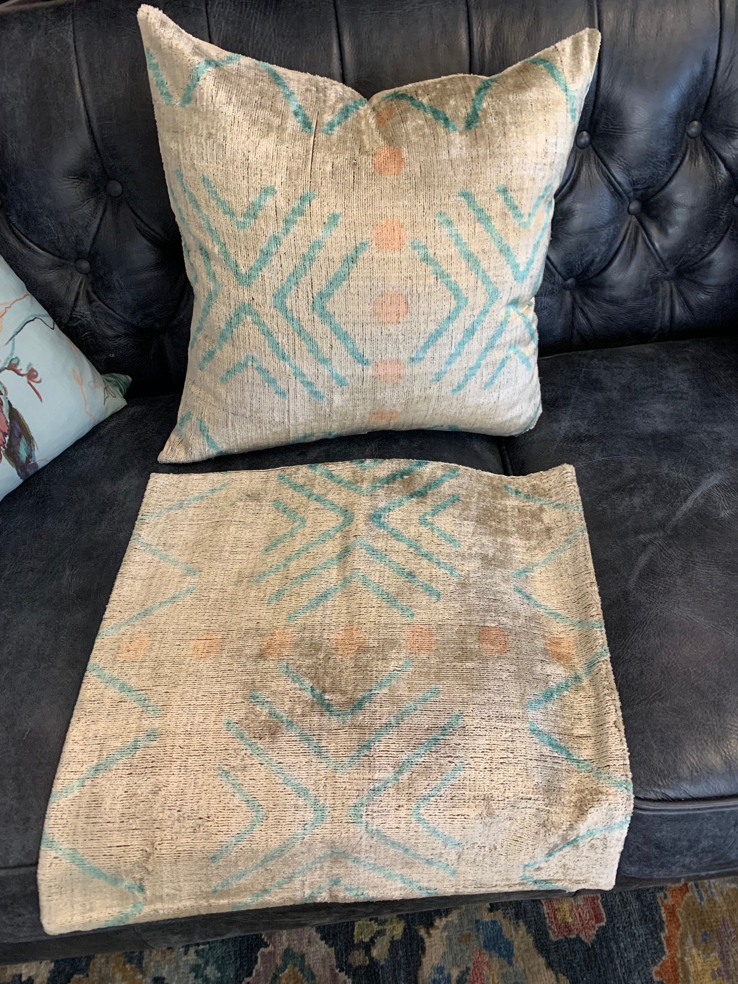 IKAT velvet/silk pillows 20 x 20 - cream w/ turquoise / peach