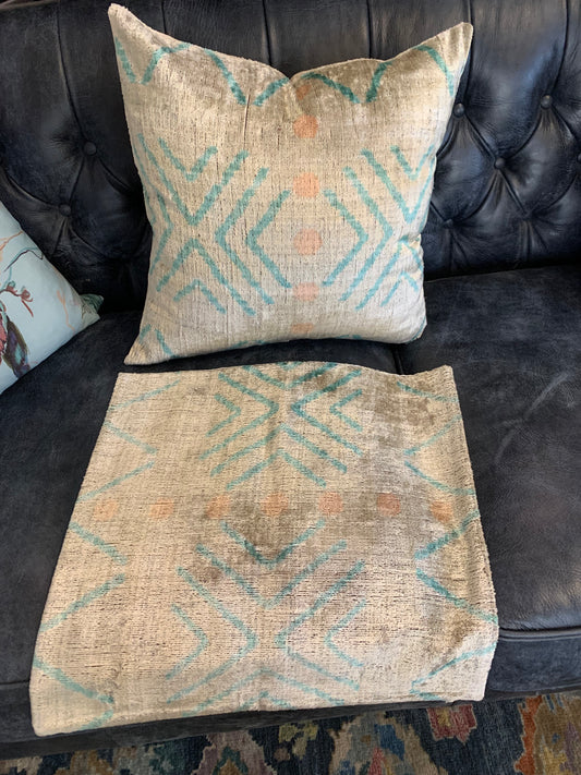 IKAT velvet/silk pillows 20 x 20 - cream w/ turquoise / peach