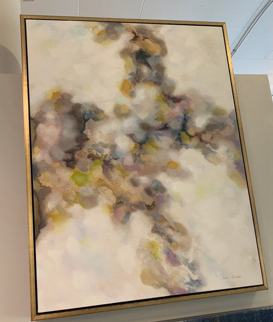 Abstract Canvas with gold frame - creams, green, greys, blue