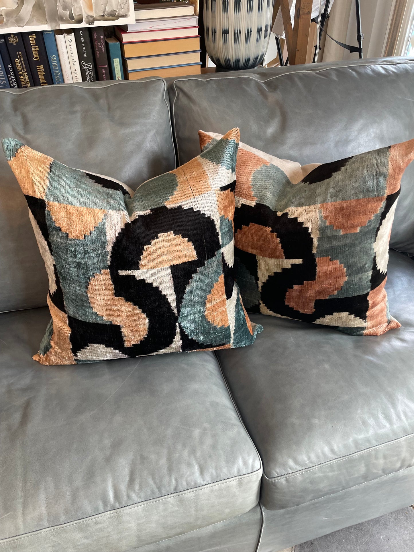 IKAT velvet/silk pillows - 20 x 20 - blue, black, cream